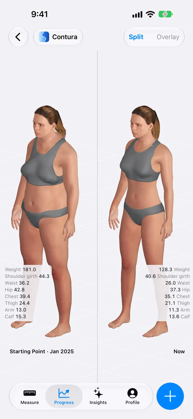 Two 3D bodies side by side, from the first measurement and today