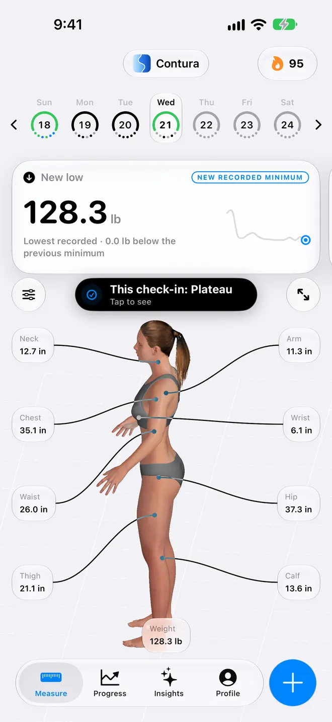 Contura Measure tab: a full-colour 3D body with neck, chest, waist and hip measurements and a weight trend chart