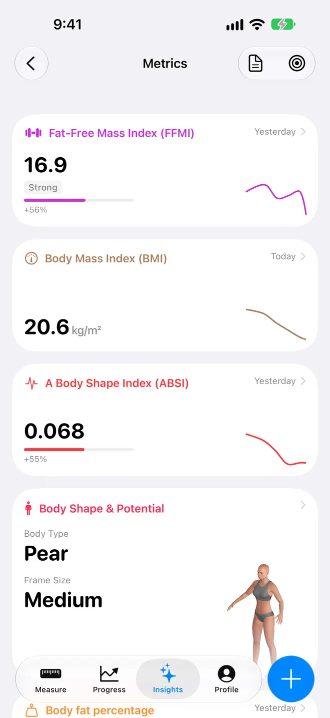 Metrics Center with BMI, FFMI, waist-to-height and other body metrics, each with its latest value and date