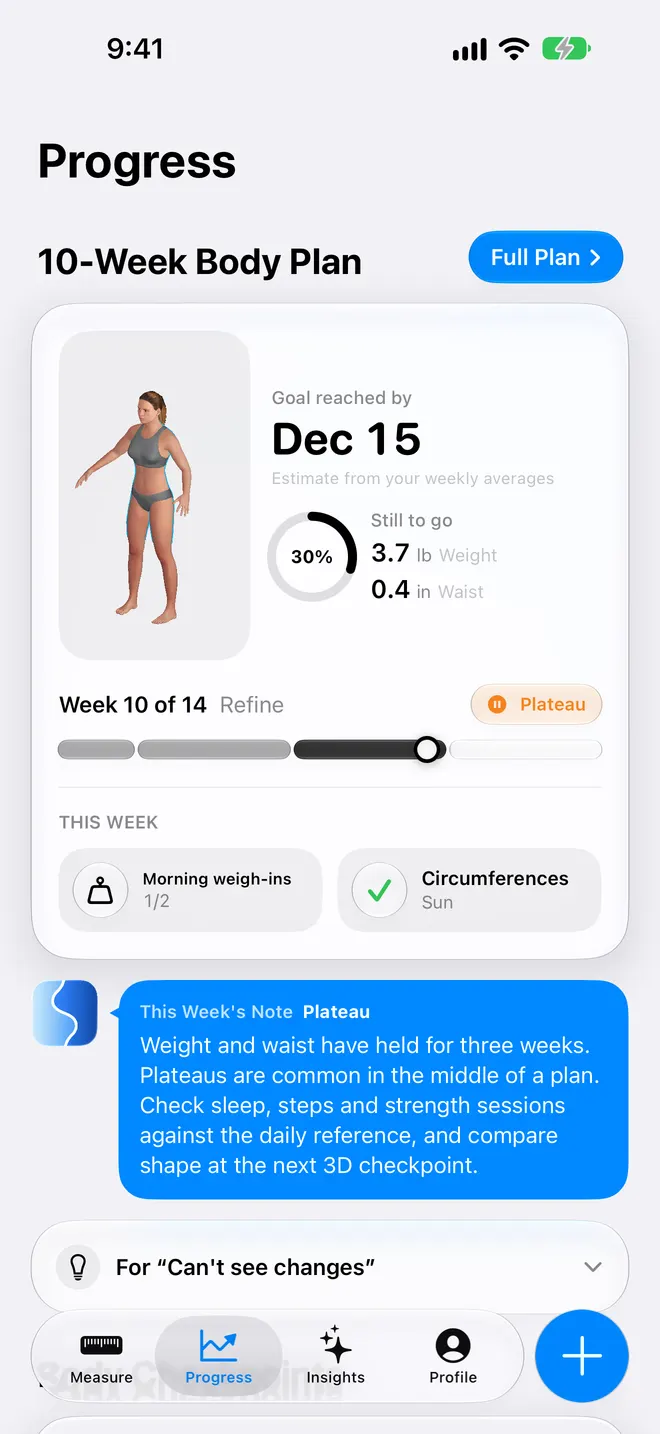 Progress tab: week streak, achievements and a body comparison with blue overlays where volume was lost