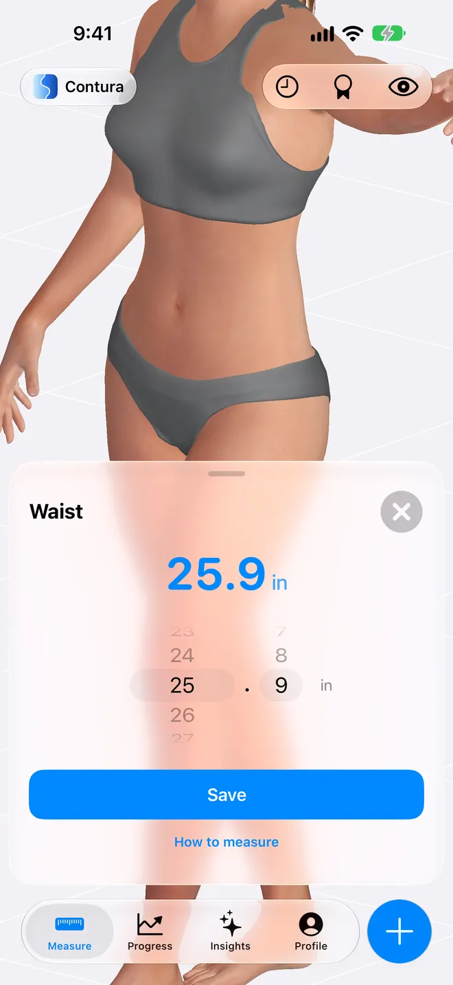 Entering a waist measurement on a scroll ruler while the 3D body highlights the waist