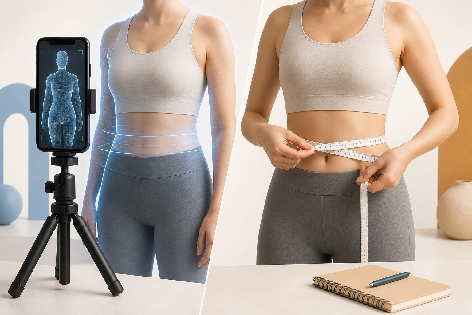 Redaktionelle Illustration: Ein Smartphone scannt auf einem Stativ einen Körper, daneben liegen ein flexibles Maßband und ein Notizbuch am Taillenumfang.