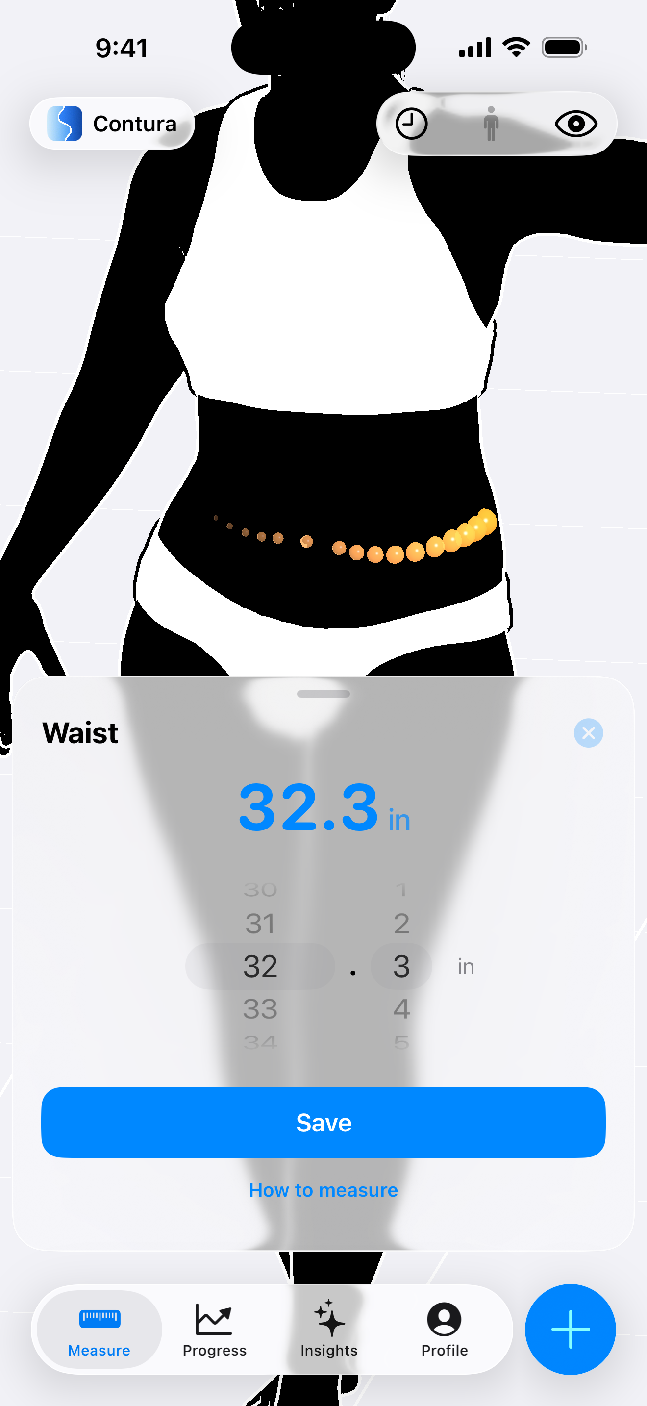 Waist circumference input screen in Contura iOS app, featuring a female silhouette with an orange dotted measurement ring around the waist and an open scrollable ruler picker adjusted to 32.3 inches above a blue Save button.